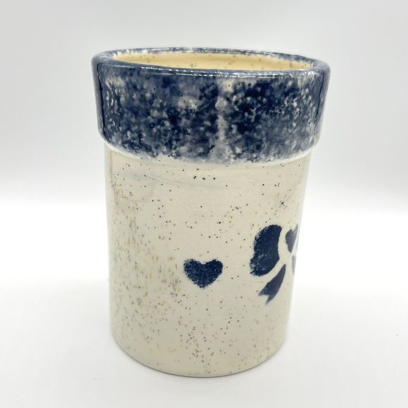 Glazed 5” Crock Small Pot Stoneware Pottery Speckled with Blue Hearts Unmarked - Picture 6 of 13
